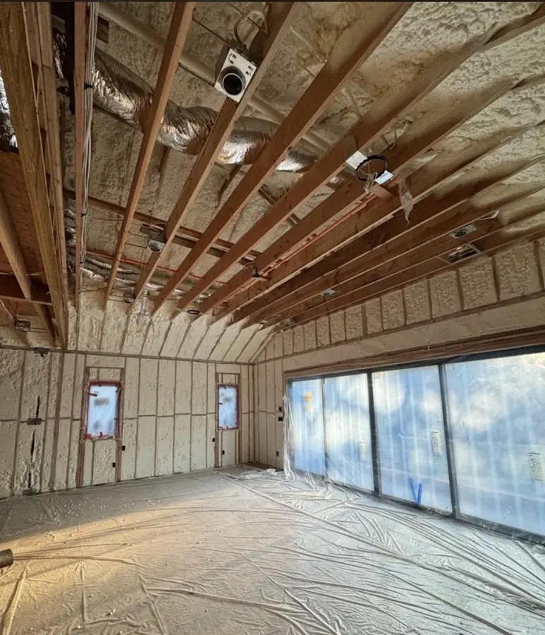 Interior walls and ceiling insulated with spray foam during new construction in Golden Valley